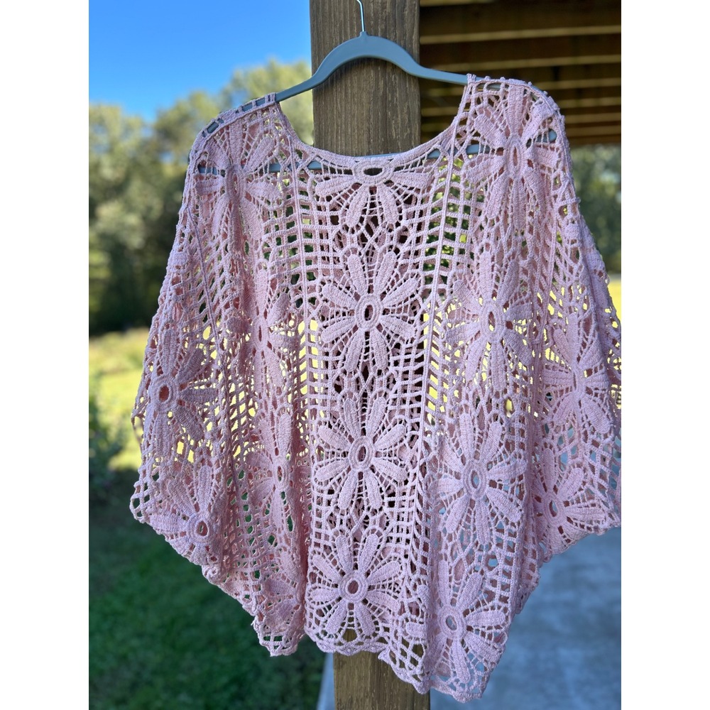 Dusty Rose Mauve Pink Crochet Floral Lace Poncho Top One Size Boho Cottagecore - Picture 8 of 9